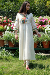 Off White Embroidered Cotton Kurta and Pant Set